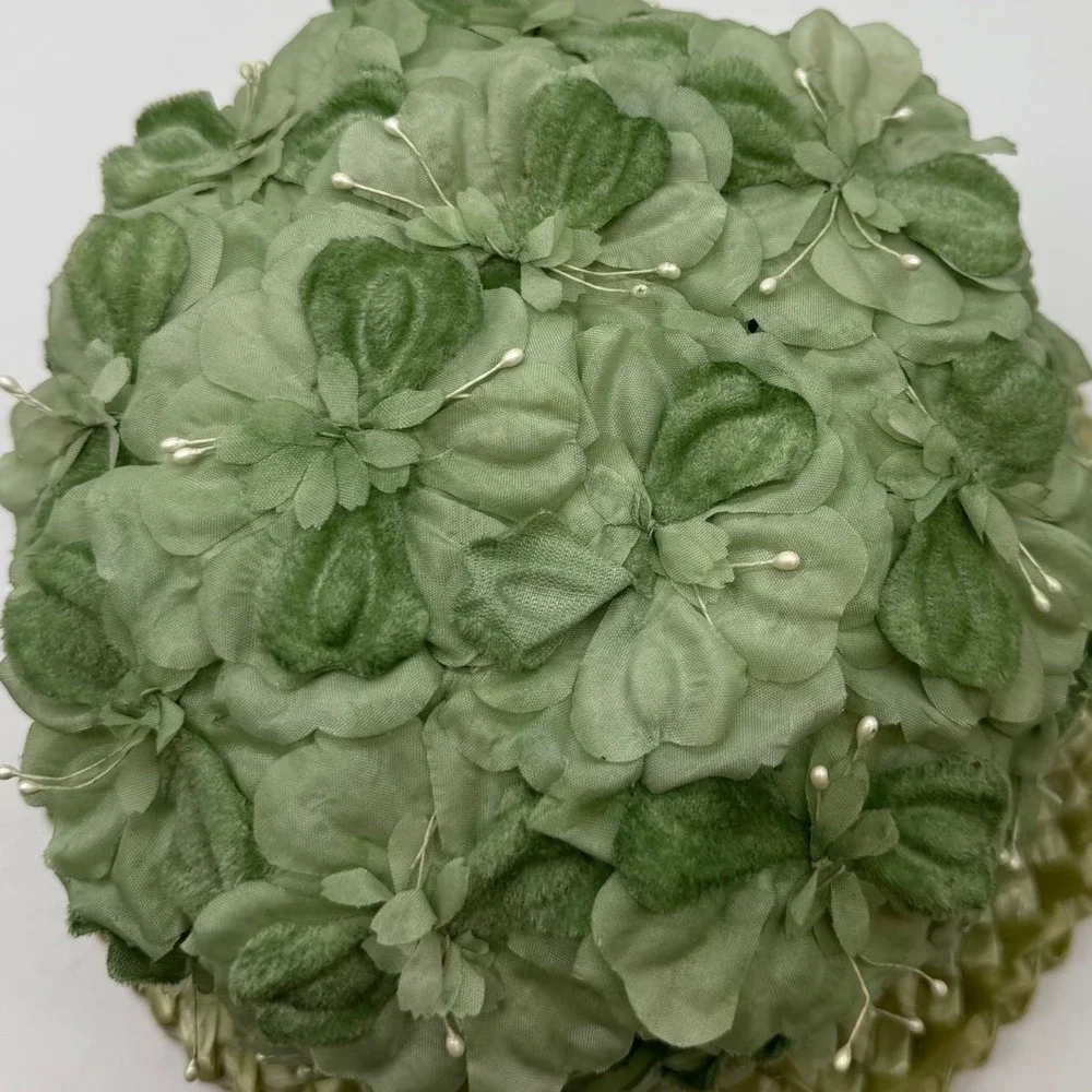 VTG Wilk's Green Floral Straw Pillbox Hat Original Box Mid Century union 50s 60s